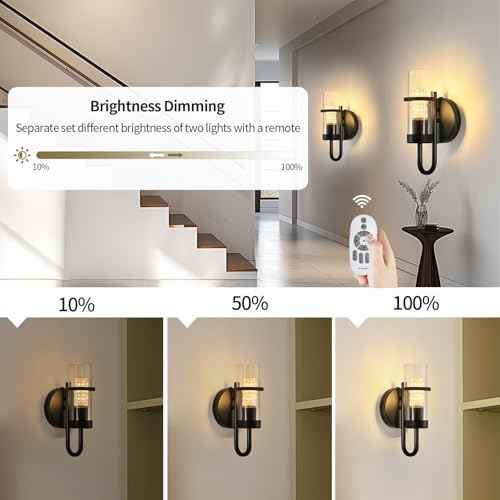 Battery Operated Wall Sconce Set of 2, Rechargeable Wireless Wall Lights with Remote, Dimmable Black Sconces with Clear Glass Shade for Bedroom Living Room Hallway, 3000K Crystal Bulb Included