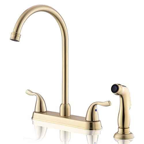 Gold Kitchen Faucet with Side Sprayer - 2 Handles 8 Inches Centerset Sink Faucets 3 or 4 Hole RV Kitchen Sink Faucet Commercial Lead-Free Utility Faucet with High Pressure Sprayer & Water Hose