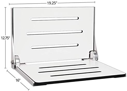 Seachrome Lift-Assist High Back Silhouette Folding Wall Mount Shower Bench, White Seat with Silver Frame
