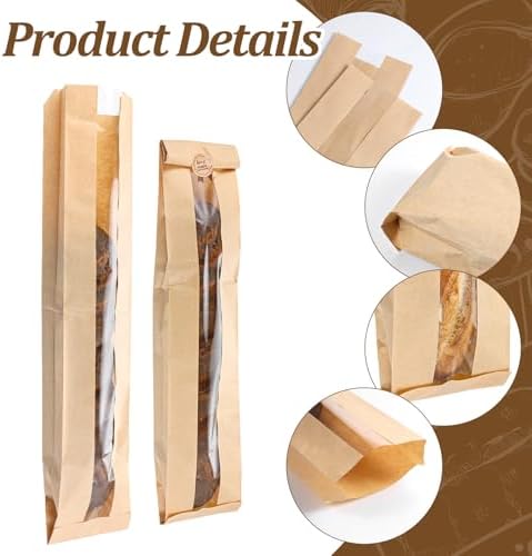150 Pack Baguette Bags with Clear Front Window and 150 Seal Stickers, 23x4x1.6 Inch Paper Bread Bags for Homemade Sourdough, Bakery Storage and Party Packaging