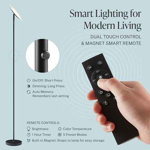 Skylight LED Floor Lamp, 3200LM, 71" Modern Torchiere in Zen Black, Stepless Dimming, Remote & Touch Control, Bright Light for Living Room or Bedroom, Weighted Base