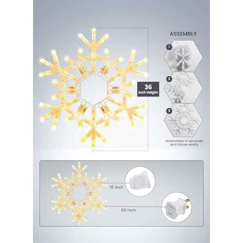 Brightown Christmas Snowflake Lights Outdoor, 108 LED 36" Folding Big Snowflake Hanging Lights, Waterproof Christmas Decorations for Window, Indoor House, Porch, Eave, Pergola, Warm White