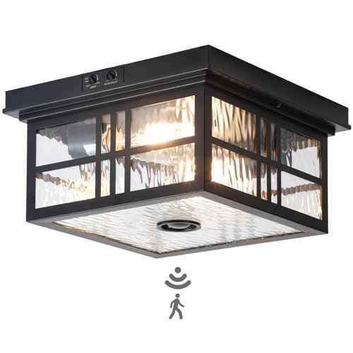 Industrial Motion Sensor Outdoor Flush Mount Ceiling Light, Water Ripple Glass Square Black 2-Light Ceiling Lamp for Porch, Entryway, and Garage, Timer and Sensitivity Adjustable