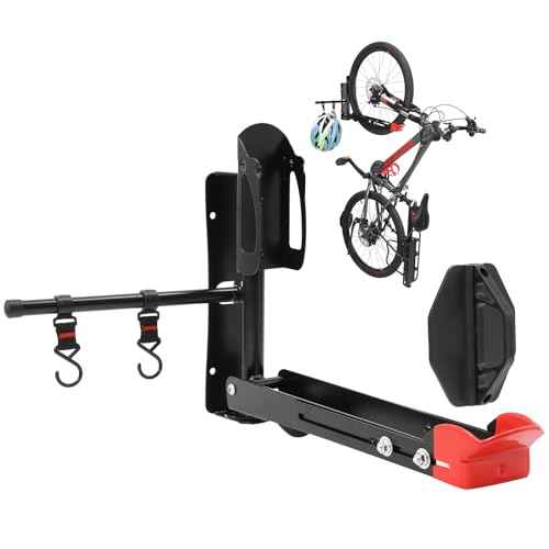 Bike Wall Mount Rack Adjustable & Foldable Garage Bike Rack with Swivel Design & 2 Storage Hooks, Fits 20"-29" Bikes, Holds Up to 77 lbs, Easy Install & Space-Saving Bike Storage 1 Pack