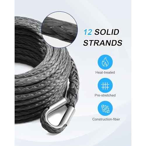 Kolvoii Winch Rope Extension 3/8 Inch x 92 Ft 26,500 Lbs, Synthetic Winch Extension Cable Line for Off Road Vehicle ATV UTV Truck etc (Grey)