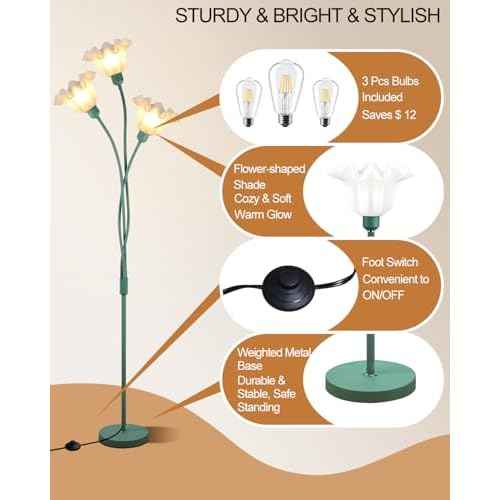 Lightdot Flower Floor Lamp for Living Room Modern Tree Floor Lamp with DIY Branch Goosenecks, Spring Green 3-Light Standing Lamp for Bedroom Kids Room