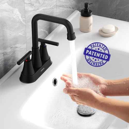 Matte Black Bathroom Sink Faucet, Hurran 4 inch Bathroom Faucets for Sink 3 Hole with Pop-up Drain and Supply Hoses, 360 Swivel Spout Centerset Faucet for Vanity RV Farmhouse, 2 Pack