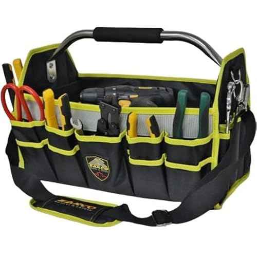 16" Open Top Tool Tote, 1680D Durable Tool Organizer for Plumber, Electrician, HVAC Technicians. Trade Professionals Tool Bag, Tool Bag with Detachable Strap (Yellow with SS Handle, 16 Inches)