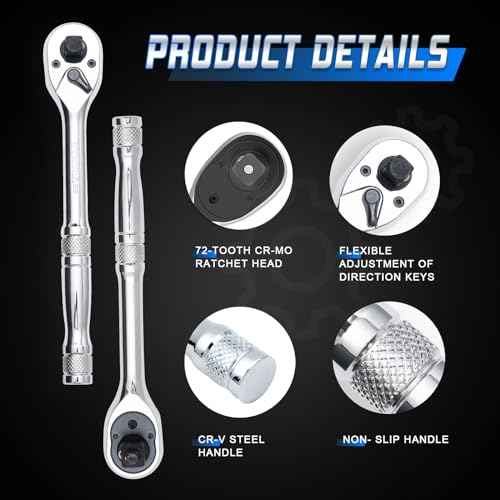 3-IN-1 Ratchet Handle,1/4",3/8",1/2" Drive Ratchet Wrench,72-Tooth Reversible Switch,Full-Polished Chrome Plating,Chromium Vanadium Steel,3/8 Pole