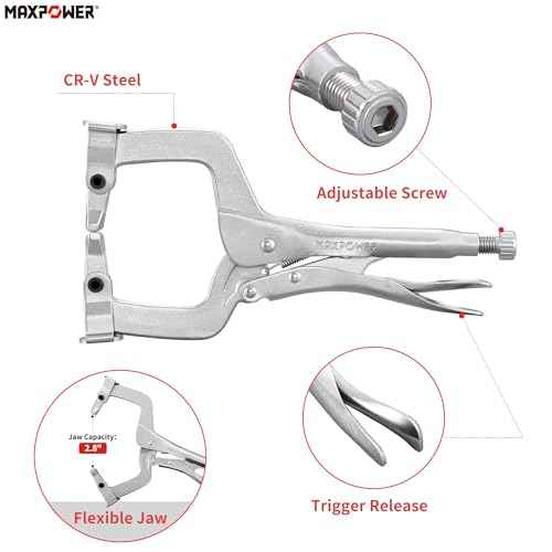 MAXPOWER 11-Inch C Clamp Locking Pliers Set, Flexible Jaws Change with Pads or Regular Tips
