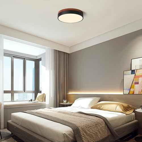 LED Ceiling Light Dimmable, Black and Wood Flush Mount Ceiling Light Fixture 5CCT in One, Minimalist Round Ceiling Lamp Modern Lighting for Kitchen, Bedroom, Hallway, Laundry Room, 11.8 Inch