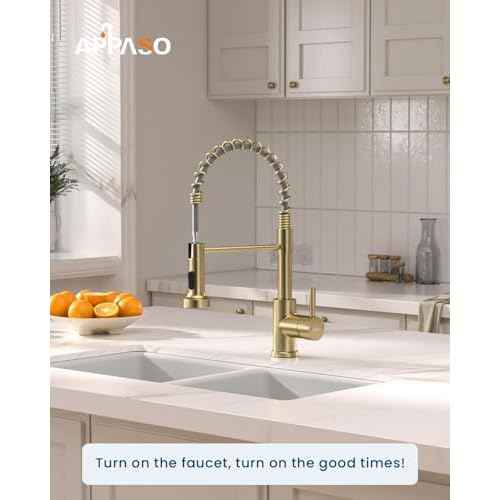 APPASO Gold Kitchen Faucet with Pull Down Sprayer, Brushed Gold Kitchen Sink Faucets 18 Inches Commercial Single Handle High Arc Faucet for Sink, Stainless Steel Kitchen Faucet for Sink 1 or 3 Holes