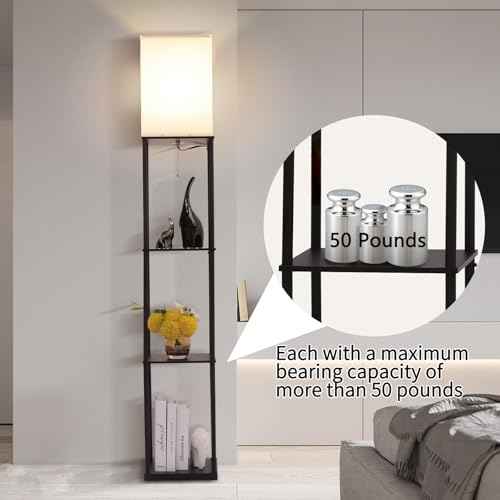 Floor Lamp with Shelves, with Modern Square Standing Lamp with Smart APP Control RGB Bulb, Corner Display Bookshelf Lamp for Living Room, Bedroom and Office (black-9RGB)