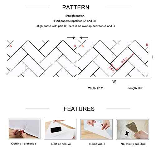 Herringbone Wallpaper Black and White Geometric Wallpaper Peel and Stick Modern Herringbone Brick Wallpaper for Bathroom Shower Walls Kitchen Backsplash Removable Waterproof Vinyl 17.7"x80"