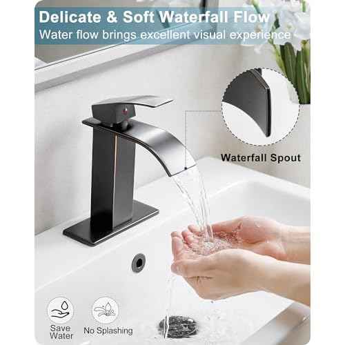 Waterfall Bathroom Faucet Oil Rubbed Bronze, Brass 4 Ins Bathroom Faucets One Hole or 3 Hole, Single Handle with Deck Plate, Pop-up Drain & Water Hose