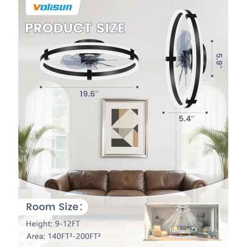 VOLISUN Ceiling Fans with Lights and Remote, 19.7in Low Profile Ceiling Fans with Light, 3000K-6500K Dimmable Fandelier Ceiling Fan, Black Flush Mount Ceiling Fan for Bedroom