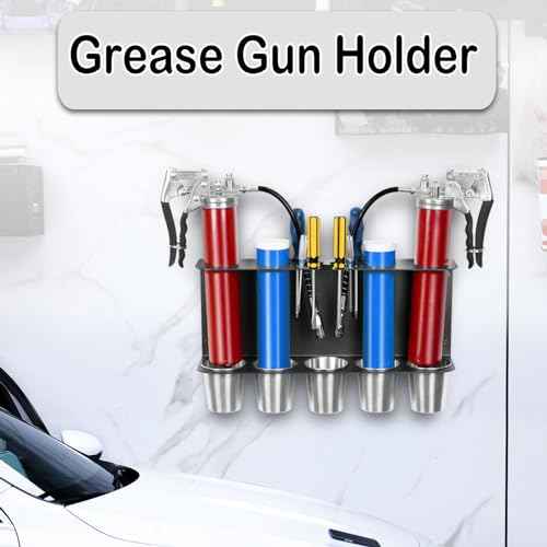 Grease Gun Holder, Wall Mount Storage Rack Compatible with 2 Grease Guns Organizer with 5 Removable Drip Cups for Garage and Shop Workshop Storage Black