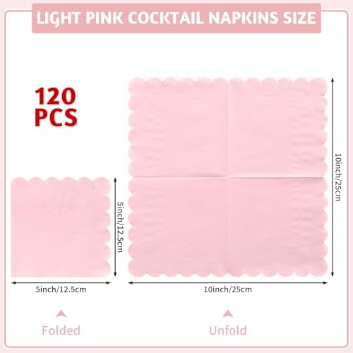 NatNarr 120 Pcs Cocktail Napkins Pink Paper Napkins Light Pink Dessert Beverage Napkin Cute Scalloped Party Napkin for Baby Bridal Shower, Birthday, 5 x 5 Inch