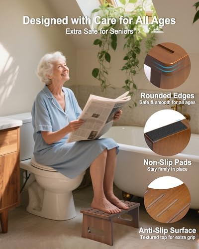 Foldable Toilet Stool, 7 Inches Bamboo Toilet Stool Squat for Adults, Collapsible Poop Stool for Bathroom, Potty Step Stool with Non-Slip Strip (Tawny)