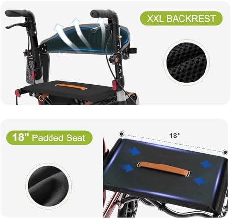 Rollator Walkers for Seniors with Seat, Foldable Walkers for Senior, 8" All-Terrain Wheels, 18" Big Seat, 6-Level Adjustable Height Rolling Walker, 350 lb, Walker for Seniors & Adults (Sliver)