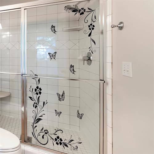 Black Vine Butterfly Flower Wall Stickers, sacinora Simplicity Floral Art DIY Wall Decals Removable Vinyl Peel and Stick for Bathroom Living Room Bedroom Home Decorations