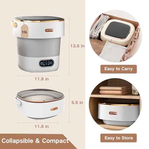 Portable Washing Machine, 15L Mini Collapsible Washer with 3 Cleaning Modes for Baby Clothes, Underwear, Small Foldable Laundry for Travel Apartment Home Dorm Hotel Camping (White+Grey)