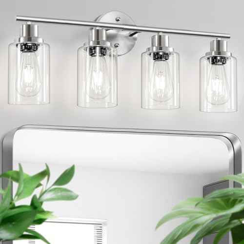 4-Light Nickel Bathroom Light Fixtures, E26 Modern Vanity Lights for Bathroom with Clear Glass Shade, Wall Lamps for Mirror Hallway Kitchen Cabinet Living Room Sconces Lights
