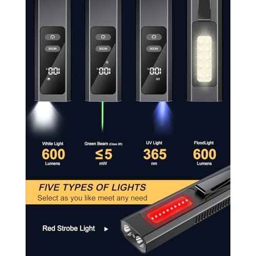 Flat EDC Flashlight Rechargeable with 4 Light Sources: Green Beam, UV Light, White LED Combo, Side Floodlight Combo, 600 Lumen Slim Small Pocket Magnetic Flashlight with Storage Case, Black