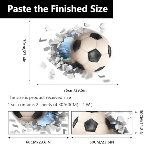 CEYAZYE 29.5"x27.4" 3D Soccer Wall Stickers, Removable Football Wallpaper Art Decor for Boys Room, Vinyl Soccer Sport Wall Sticker Posters Decal for Bedroom Playroom Living Room Window Door Decoration