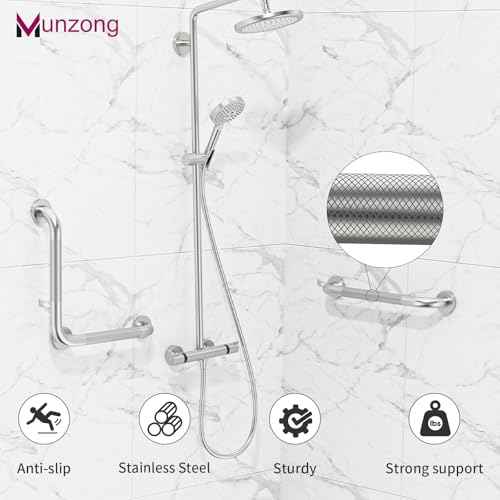 16 Inch Anti Slip Angled Shower Grab Bars with Munzong 20 Inch Stainless Steel Bathroom Grab Bar Brushed Nickel Toilet Handicap Grab Rail Knurled Safety Handle Support Elderly Injury Senior Bath