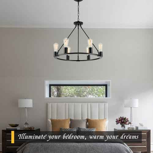 Black Chandelier, 6-Light Dining Room Light Fixture, Round Farmhouse Wagon Wheel Chandeliers for Dining Room Living Room Entryway Kitchen Island Dia 24"