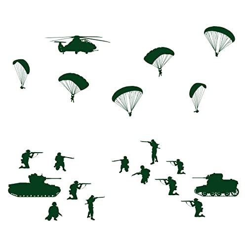 PLIGREAT 20 Pcs Parachutes Tanks Soldiers Wall Stickers, Peel and Stick Wall Decals, DIY Art Decor Removable Vinyl Military Green Walls Stickers for Living Room Bedroom Paly Room Home Decorations
