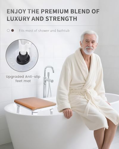 Sangohe Shower Chair for Inside Shower, Shower Chair with Wood Seat Board and Back, Height Adjustable Shower Stool for Elderly and Disabled, 400 lbs Heavy Duty Shower Seat for Seniors, 796D-B