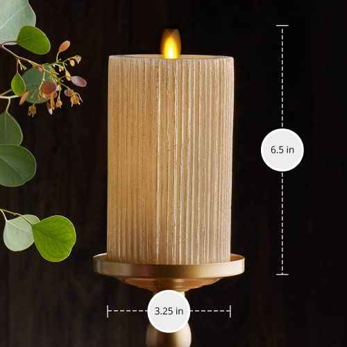 Luminara Metallic Embossed Pillar, Champagne Flameless LED Candle 3.25" x 6.5", Battery Operated Real Flame Technology w/Timer Function, Paraffin Wax