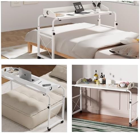 Overbed Table with Wheels, Overbed Desk with Adjustable Length and Height, Rolling Over Bed Desk, King Queen Over The Bed Table on Wheels, Heavy Duty Laptop Table for Hospital and Home (White, 1.2M)
