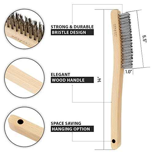 Wire Brush Set-Heavy Duty Stainless & Carbon Steel Bristles with Wood Handle Grip for Rust, Wielding Slag, Dirt & Paint Scrubbing with Deep Cleaning ? 14 Inches (Pack of 2)