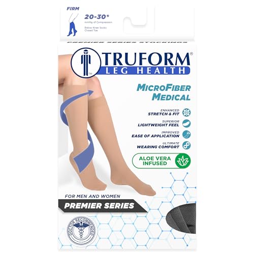 Truform 20-30 mmHg Medical Compression Stockings, Aloe Infused Microfiber, Knee High, Closed Toe, Black, 2X-Large