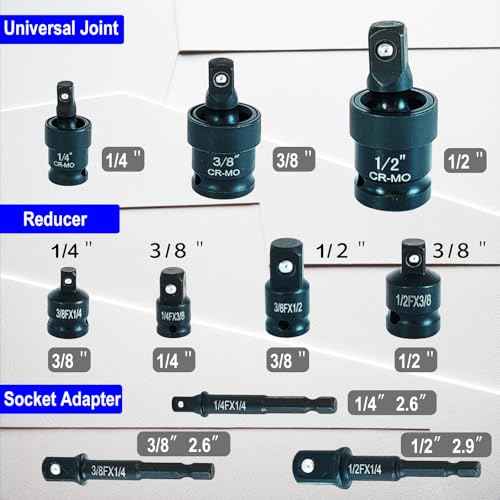 10 Pieces Impact Swivel Socket Set, Cr-Mo Steel, 1/4 and 1/2 to 3/8 Impact Adapter and Reducer Set, Universal Joint Socket Set and 1/4" 3/8" 1/2" Cr-V Steel Drill Adapter