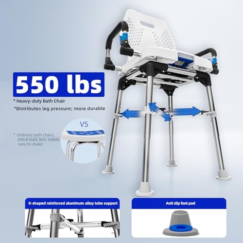 Swive Shower Chair for Seniros Elderly Disabled or Bariatric Adults with Arms and Back, Bench Seat for Inside Shower Stall and Bathroom Bath Tub Seats Adjustable Stool Heavy Duty 500 lbs sit Chairs