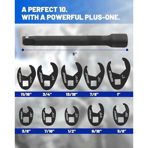Crows Foot Wrench Set, 11 PCS Crowfoot Wrench Set for 3/8" Drive with Extension Bar, Flare Nut Wrenches Set SAE Size 3/8" - 1" Zippered Bag for Automotive, Plumbing & Industrial Use