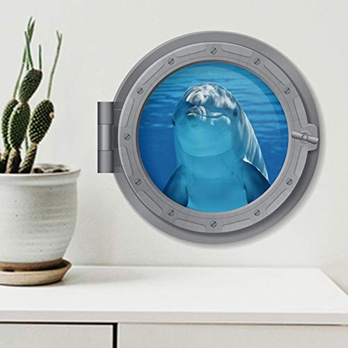 Woodland Arts 3D 11 x 11 inch Undersea Cute Dolphin Blue Deep Sea Porthole Submarine View Tropical Ocean Removable Vinyl Peel and Stick Decorative Wall Decals Stickers , 59