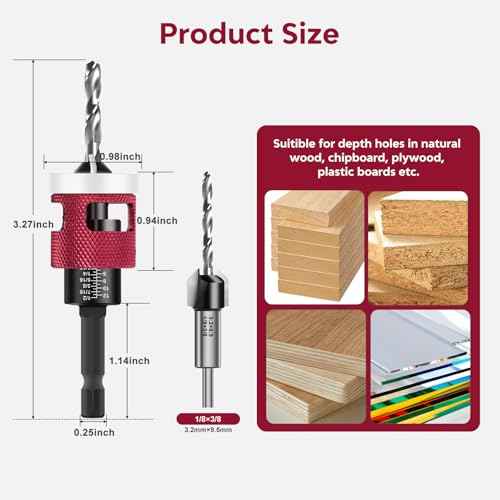 Countersink Drill Bit Set - Countersink Drill Bit with Low Friction Depth Stop, Replaceable HSS M2 Tapered Bits, Carbide Drill Bits 1/4¡± Hex Shank for Woodworking Tools & Hand Tools
