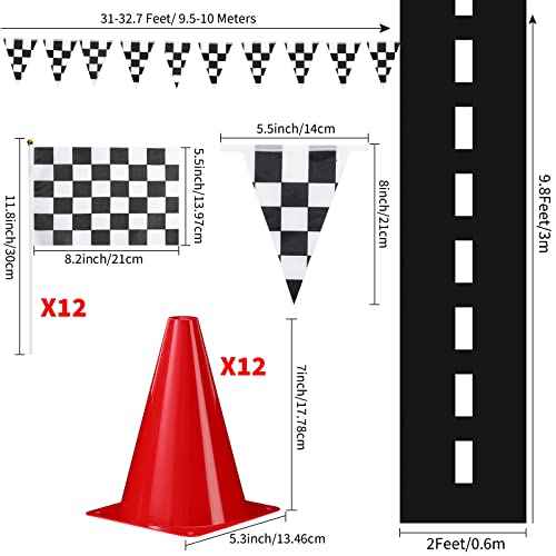 Skylety Traffic Cones and Racing Checkered Flags Set-include 12 Plastic Traffic Cones,12 Flags with Sticks,31 ft Checkered Pennant Banner and 9.8 x 2 ft Racetrack Floor Running Mat