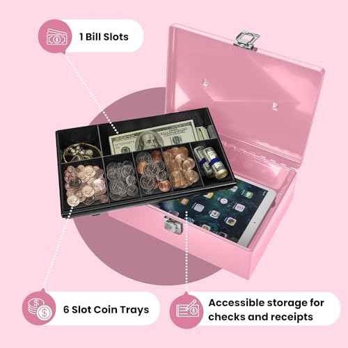Flexzion Cash Box with Money Tray and Lock - Metal Money Box for Cash Storage with Secure Latch Lock & Key - Pink Petty Cash Box with 7 Compartment Money Tray for Small Businesses, 11x7.7x3.5 Inches