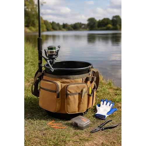 Katai Fishing Bucket Organizer for 5-Gallon Bucket ? Heavy-Duty Water-Resistant Tackle Bag with Rod & Pliers Holders ? Adjustable Straps & Multi-Pocket Design
