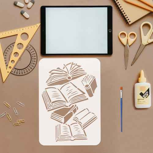 FINGERINSPIRE Scattered Books Stencil with Paint Brush 8.3x11.7inch Falling Books Drawing Template Plastic PET Open Books Painting Stencil Daily Theme Template for Home Wall Furniture Decoration