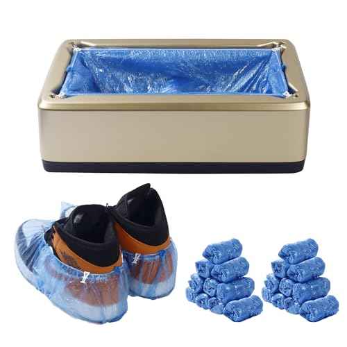 Automatic Shoe Cover Dispenser, Waterproof and Non-slip, 200 Disposable Shoe Covers for Men's Shoes up to Size 12, Great for Home, Office, Factory and Indoor Use (Gold)