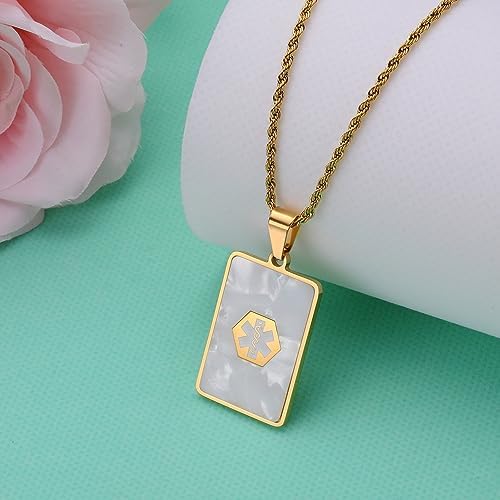 Medical Alert Necklace for Women Shell & Gold-Tone Stainless Steel Emergency ID Tag Pendant Necklace for Girls Custom Engraved Medical Alert Jewelry