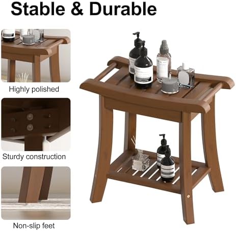 Bamboo Shower Bench Stool with Storage Shelf Small Shower Chair Seat for Inside Shower 19 x 10 x 18 Inches Chestnut Brown