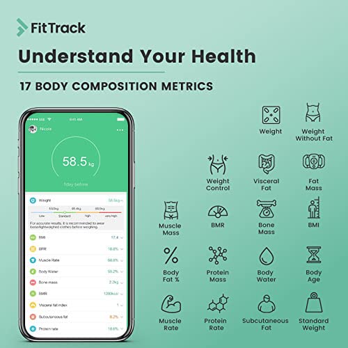 FitTrack Dara Smart BMI Digital Scale - Measure Weight and Body Fat - Most Accurate Bluetooth Glass Bathroom Scale (Black)